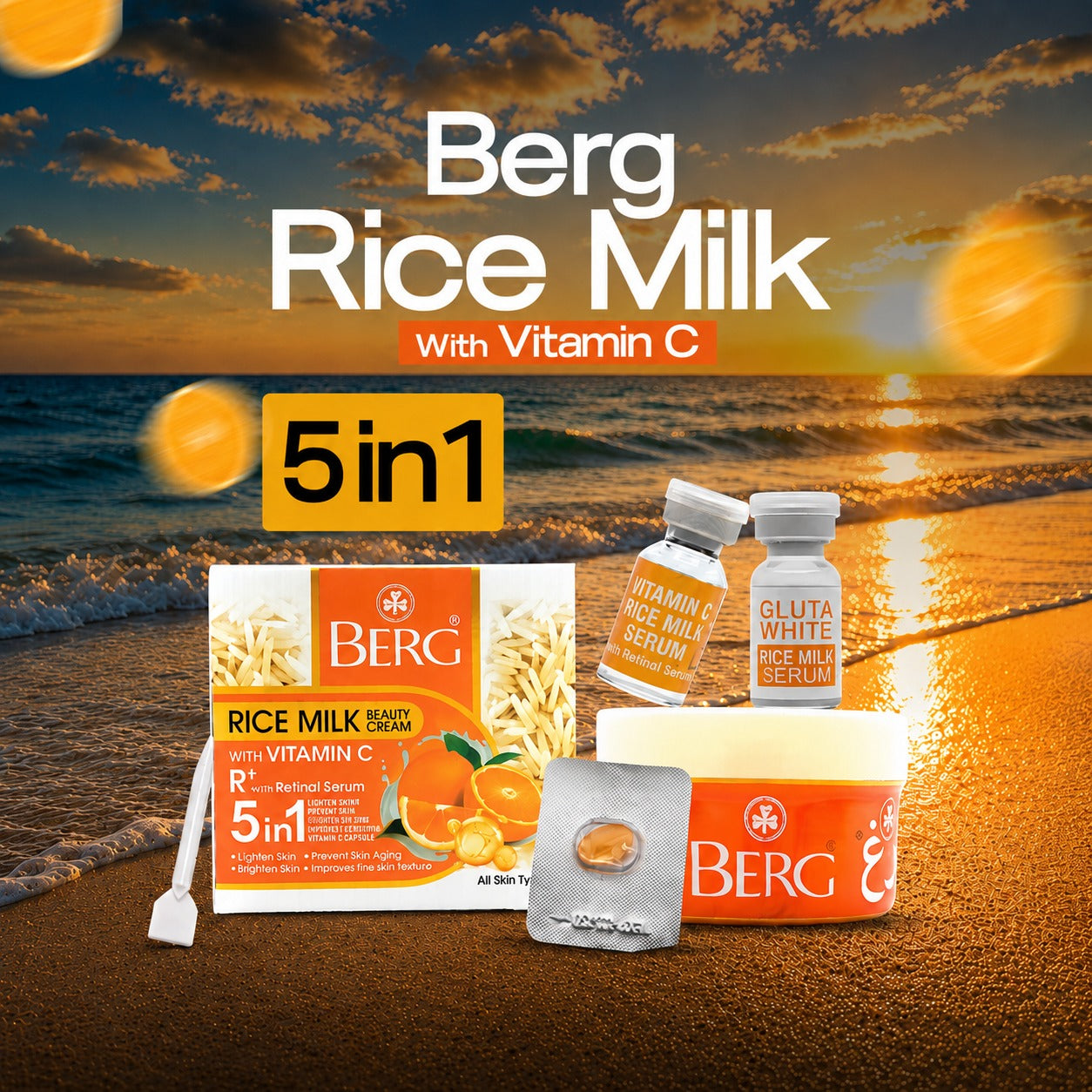 BERG Rice Milk 5-in-1 Beauty Cream & Serum Skincare Kit with Vitamin C